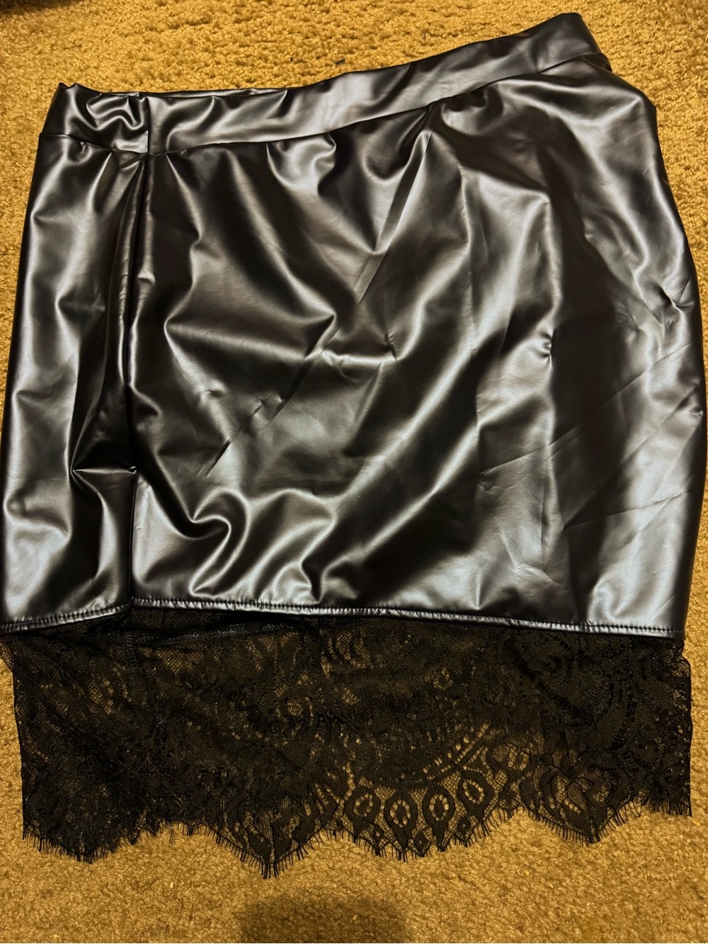 Faux Leather Mini Skirt with Lace Hem - Black